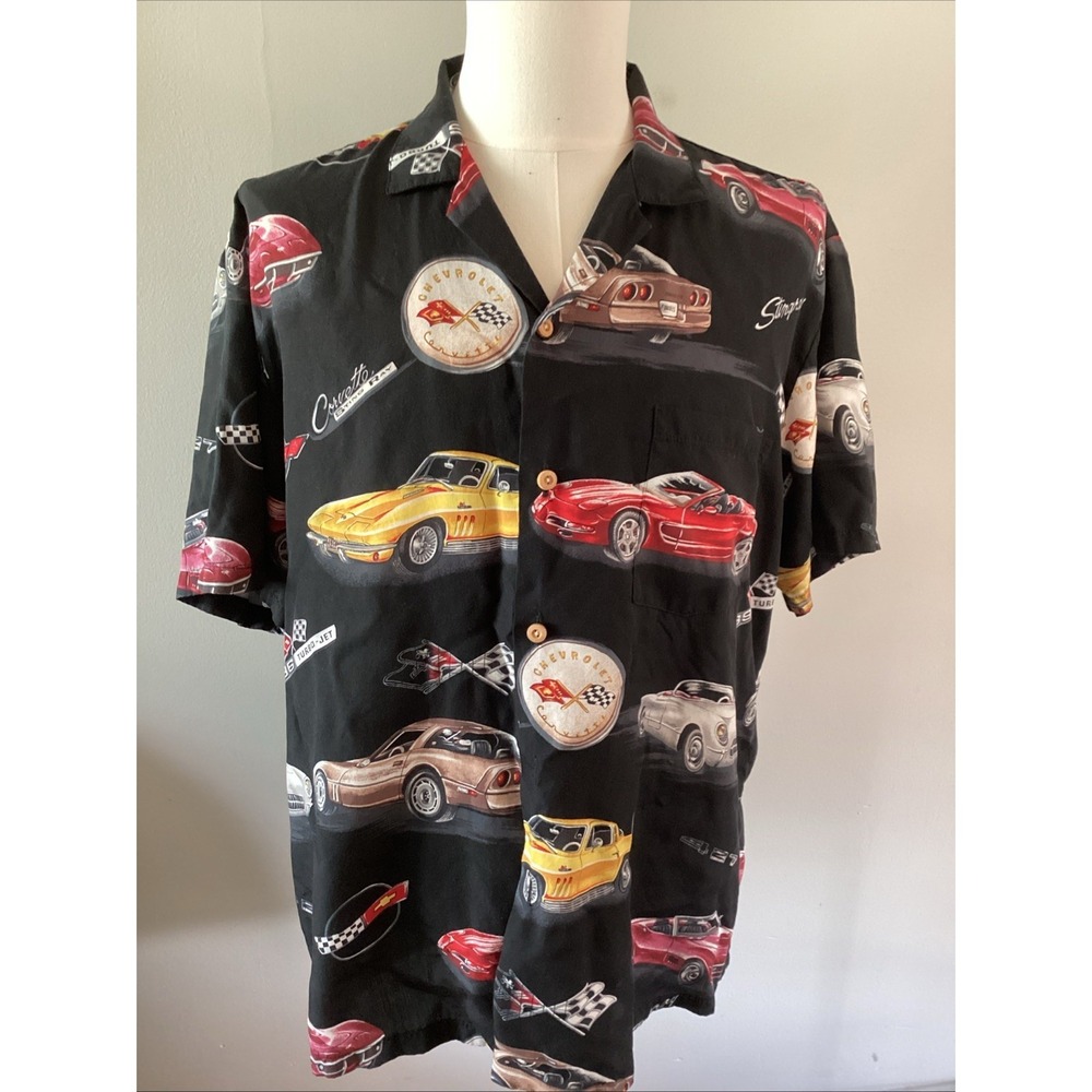 Vintage Paradise Found Hawaiian Shirt Mens Large Black S/S Corvette Stingray